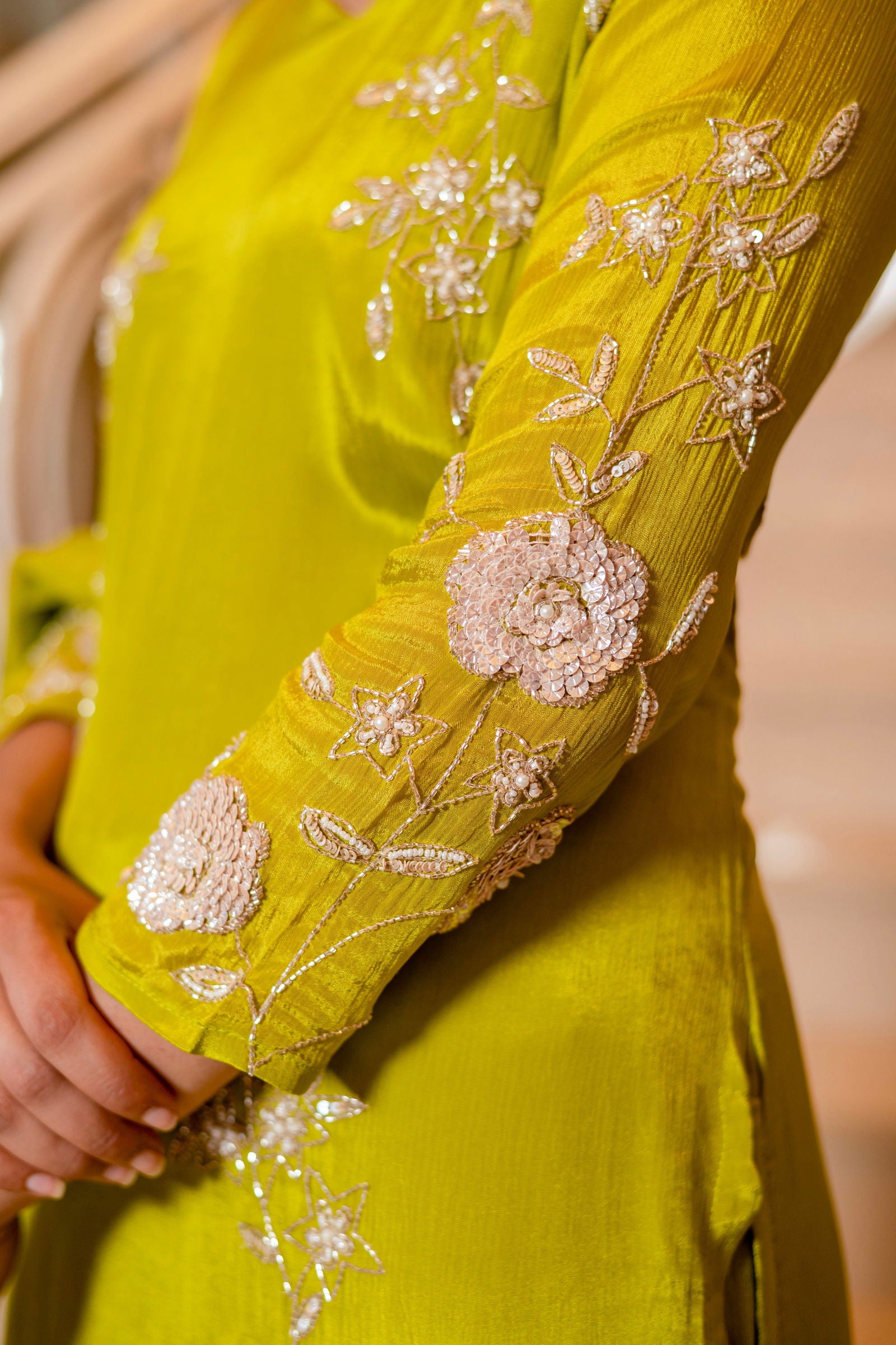 Mehandi Green Chiffon Hand Embriodered Kurta with Palazzo Set - Mayrake.in