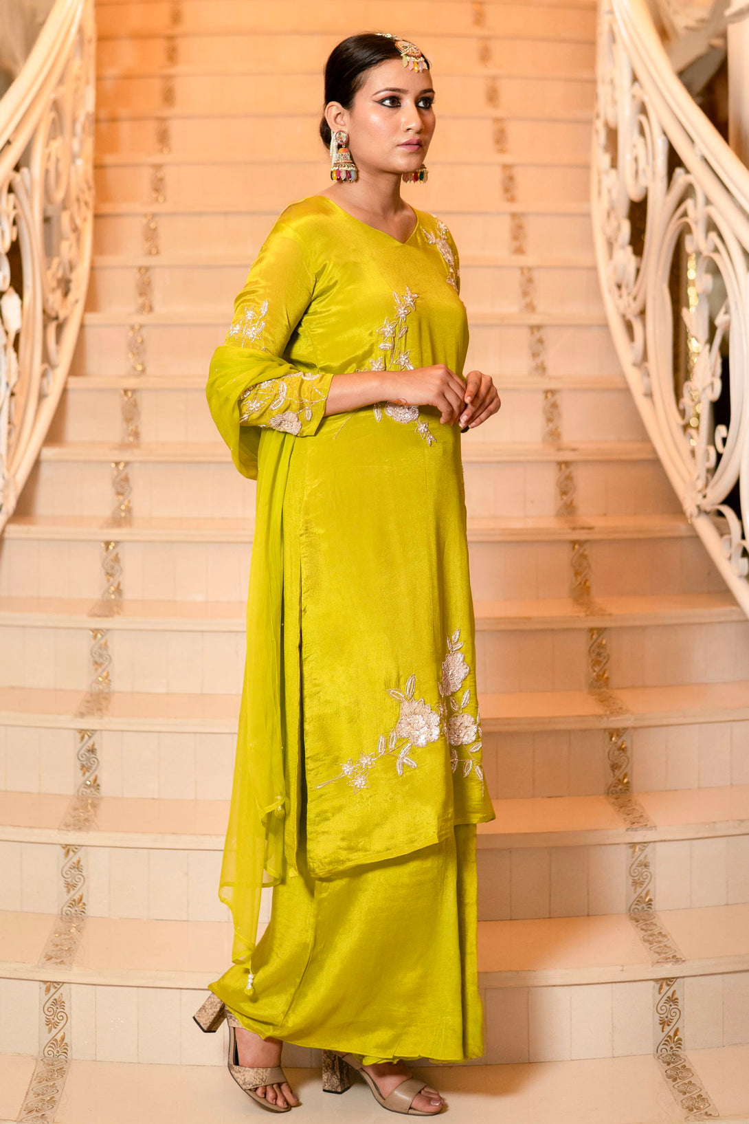 Mehandi Green Chiffon Hand Embriodered Kurta with Palazzo Set - Mayrake.in