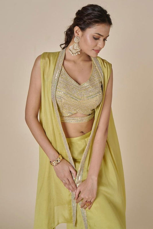 Mehandi Green Embroidered Satin Tank Top with Wide Pants and Full Shrug - Mayrake.in