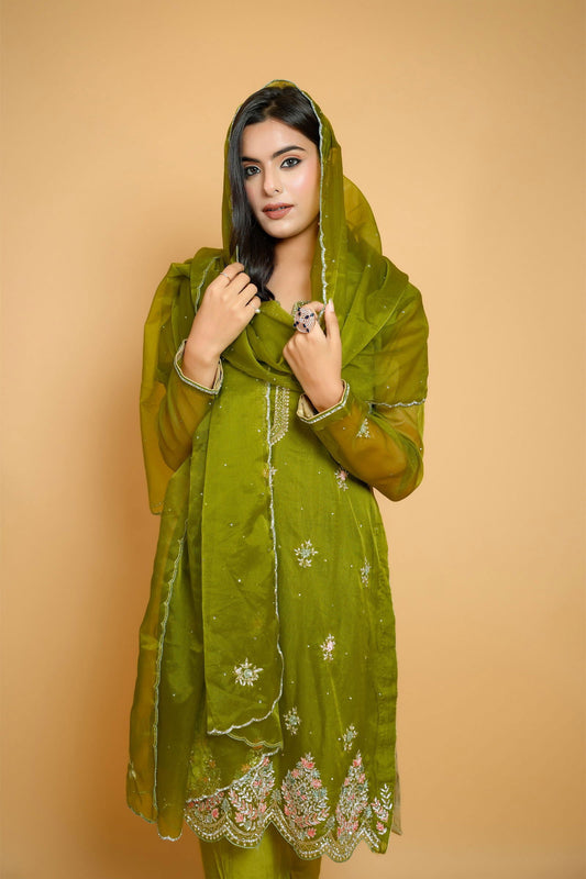 Mehandi Green Organza Handwork Zardozi Suit - Mayrake.in