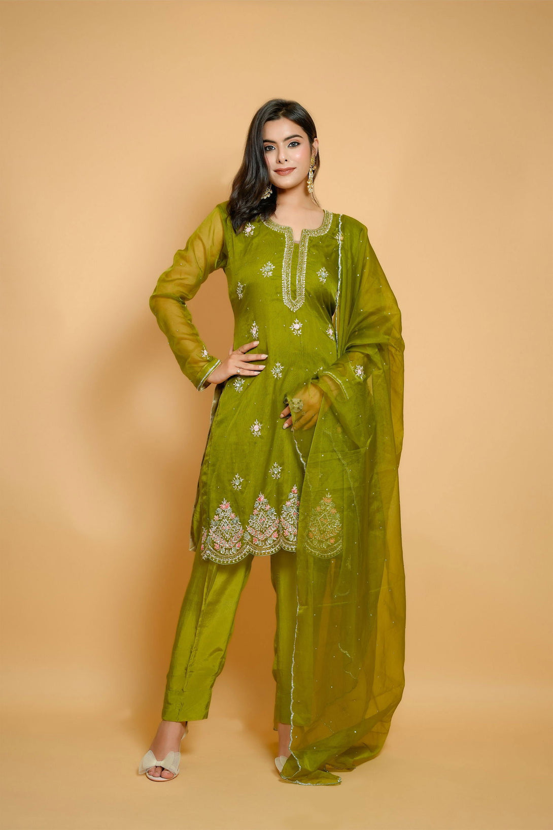 Mehandi Green Organza Handwork Zardozi Suit - Mayrake.in