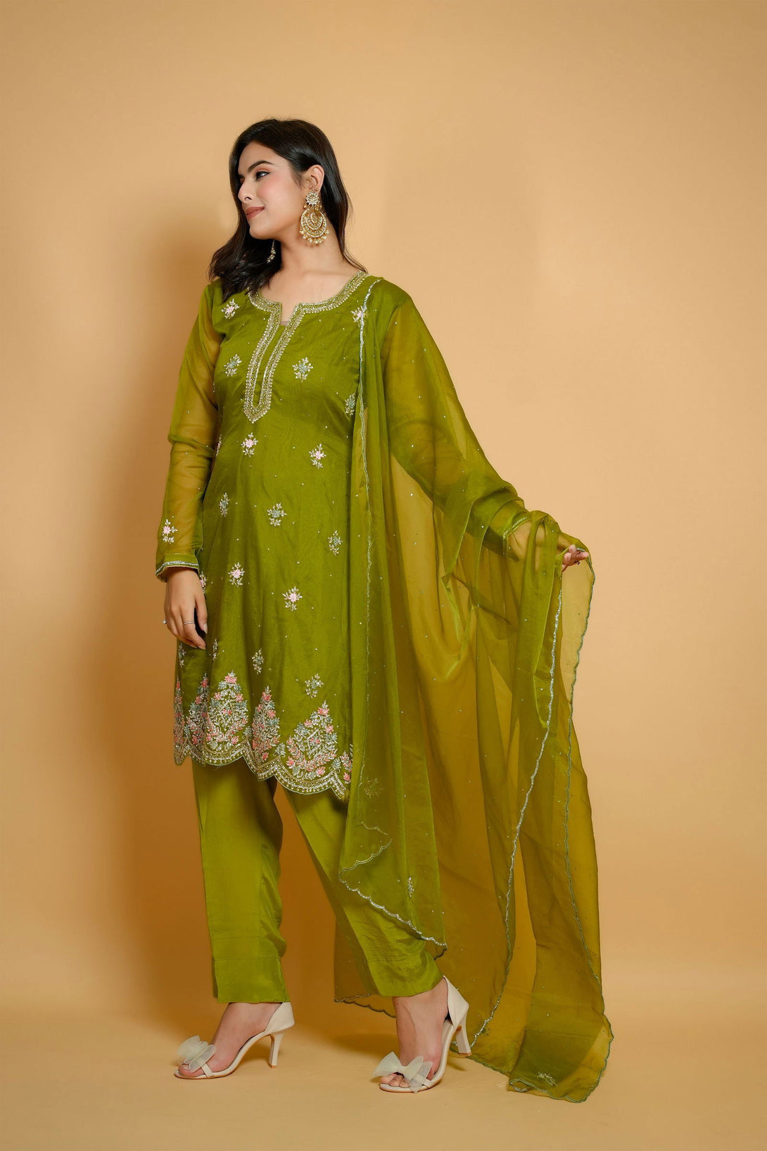 Mehandi Green Organza Handwork Zardozi Suit - Mayrake.in