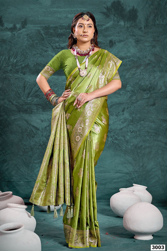 Mehendi Green Banarasi Satin Silk Rich Pallu Saree with Silver Zari Weaving Detailing - Mayrake.in