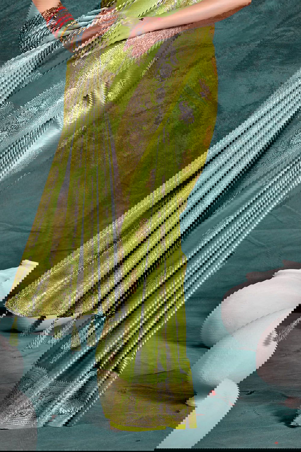 Mehendi Green Banarasi Satin Silk Rich Pallu Saree with Silver Zari Weaving Detailing - Mayrake.in