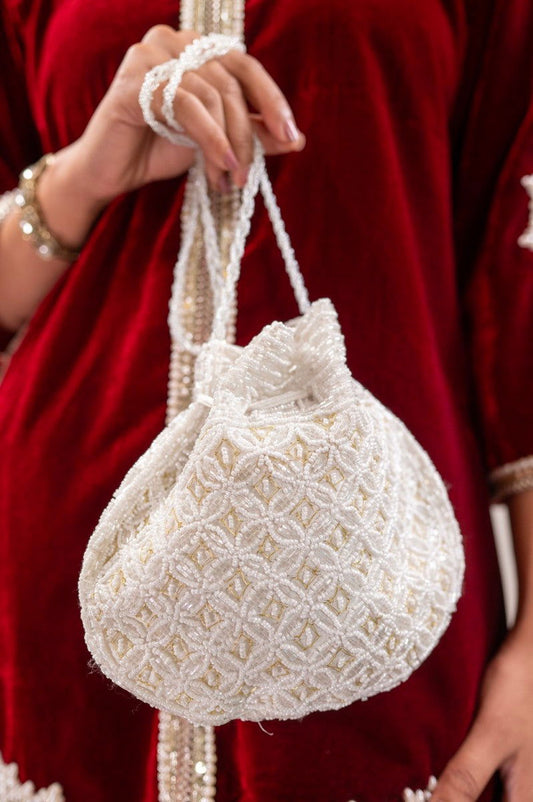 Milky White Potli with Pearl and Golden Thread Work - Mayrake.in