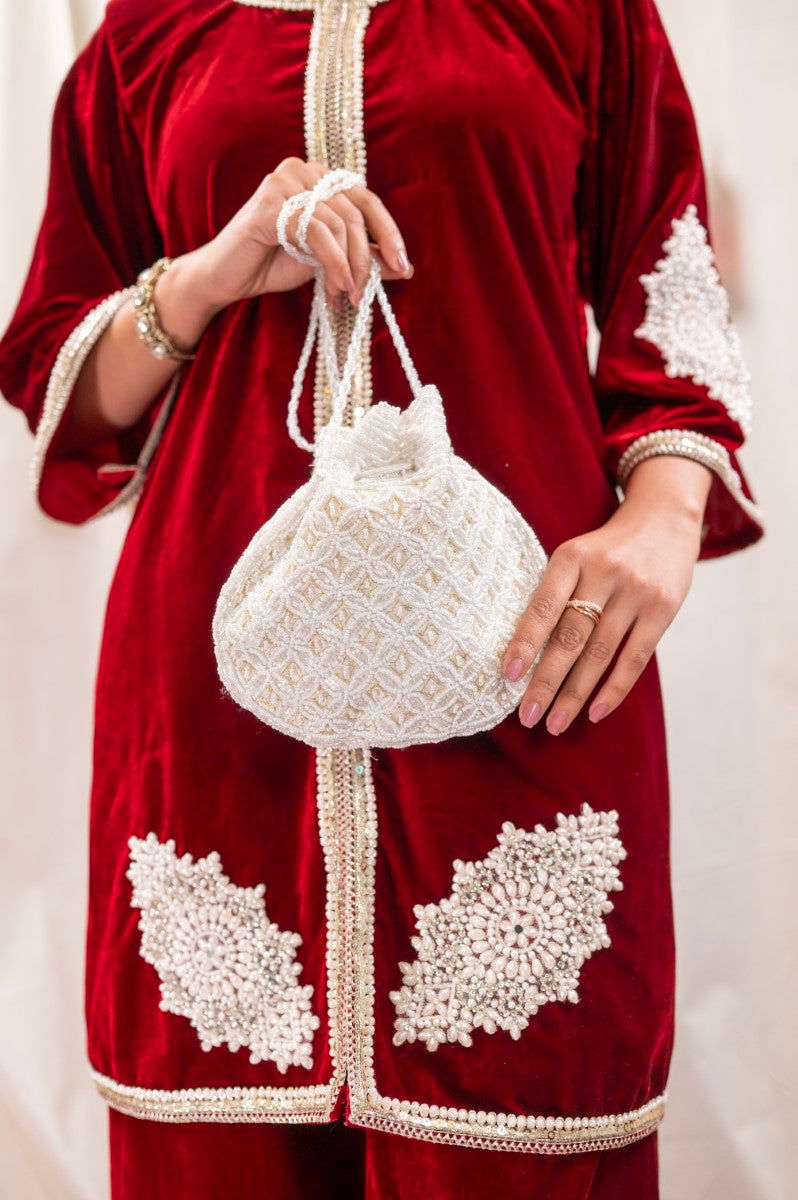 Milky White Potli with Pearl and Golden Thread Work - Mayrake.in