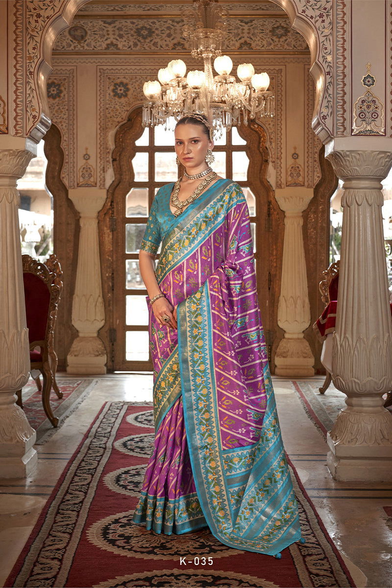 Mulberry-Pink Viscose Silk Saree with Printed Patola Design - Mayrake.in