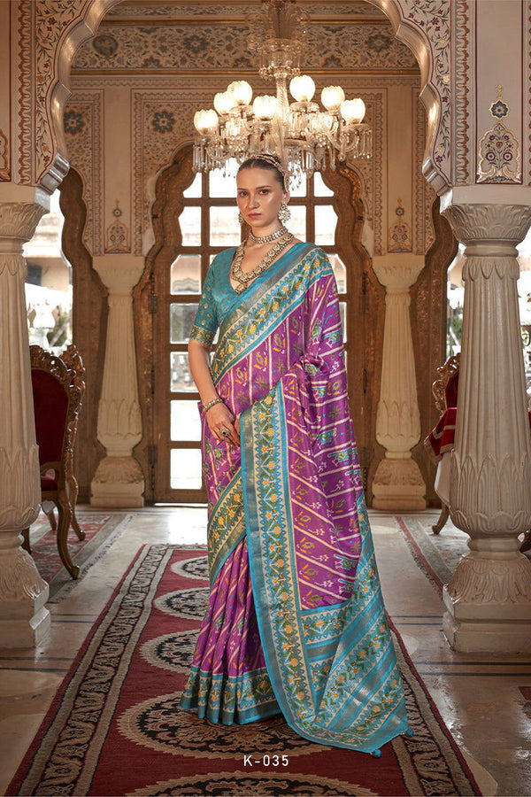Mulberry-Pink Viscose Silk Saree with Printed Patola Design - Mayrake.in