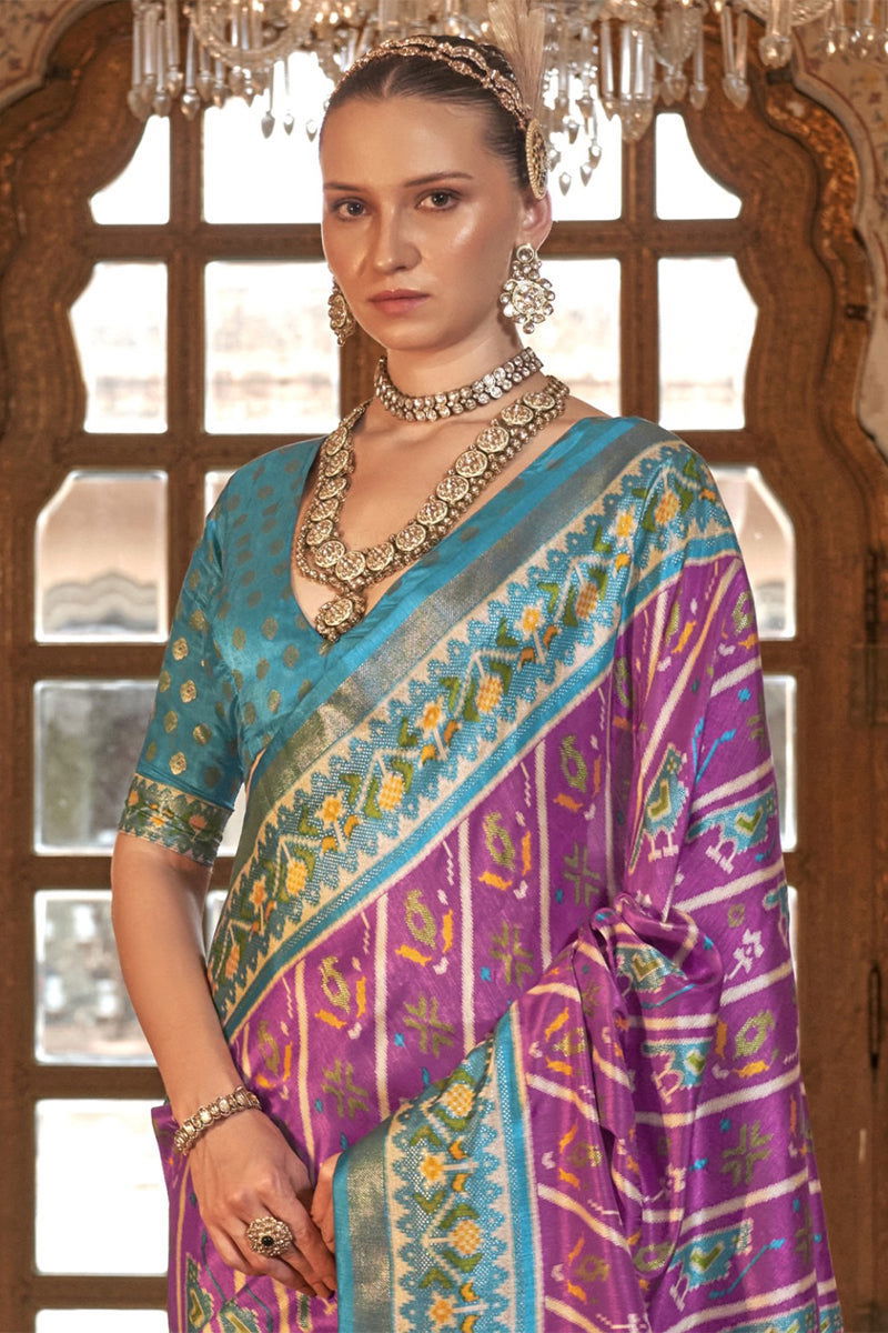 Mulberry-Pink Viscose Silk Saree with Printed Patola Design - Mayrake.in