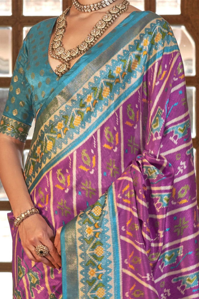 Mulberry-Pink Viscose Silk Saree with Printed Patola Design - Mayrake.in