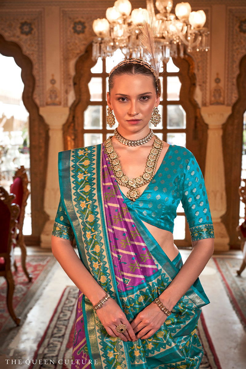 Mulberry-Pink Viscose Silk Saree with Printed Patola Design - Mayrake.in