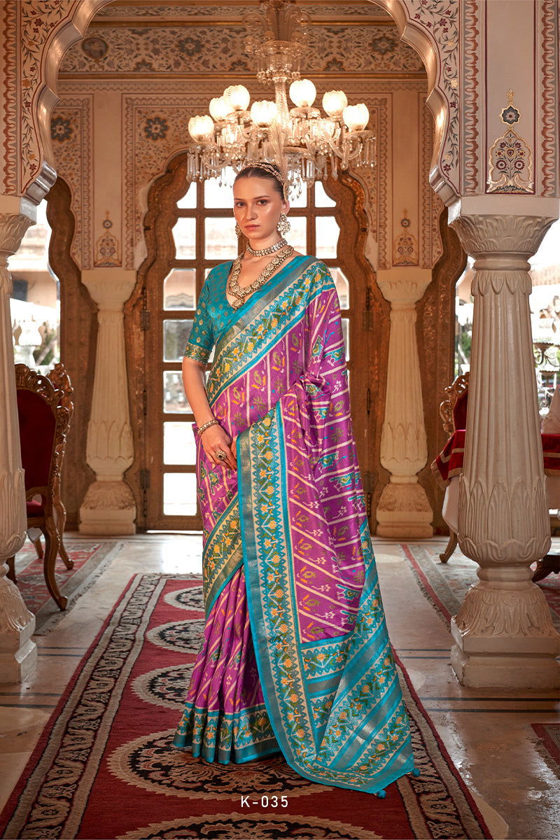 Mulberry-Pink Viscose Silk Saree with Printed Patola Design - Mayrake.in
