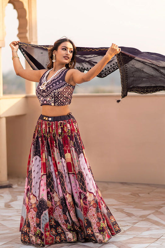 Multi-Color Pastel Lehenga Skirt with Zardosi Crop Top and Embroidered Dupatta - Mayrake.in