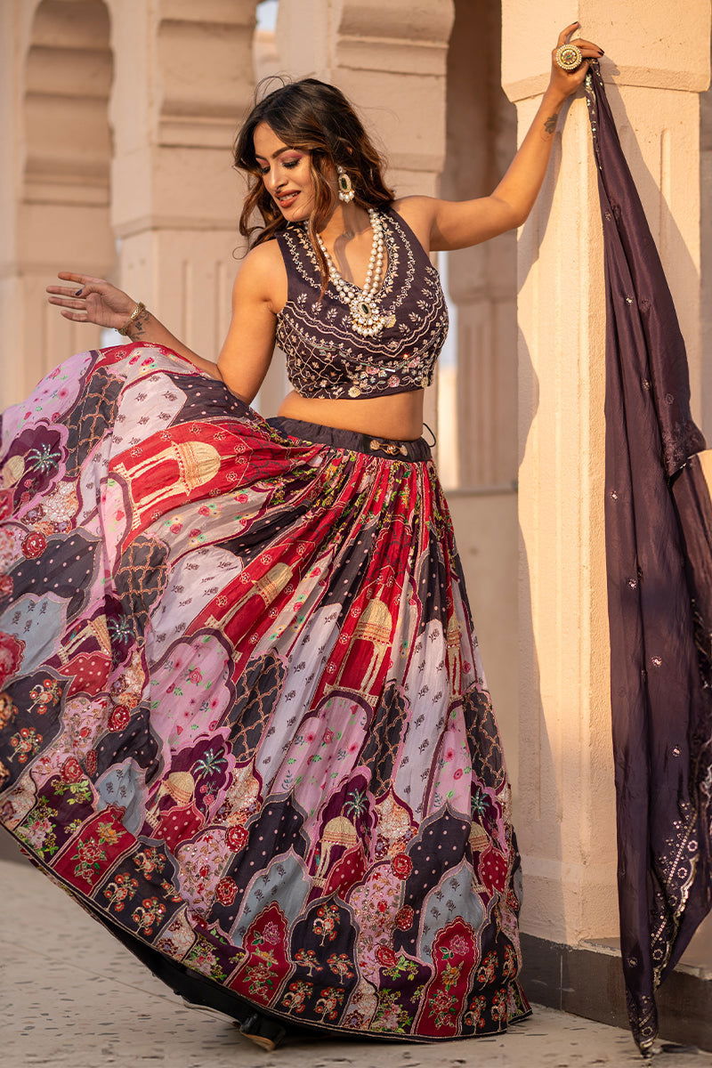 Multi-Color Pastel Lehenga Skirt with Zardosi Crop Top and Embroidered Dupatta - Mayrake.in