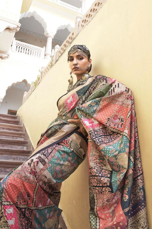 Multi-Color Viscose Silk with Heritage Design and Tribal Animal Art Prints - Mayrake