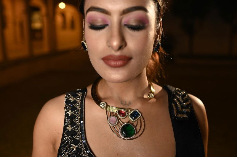 Multi-Stone Hasli Style Blue Stone Earrings Necklace - Mayrake.in