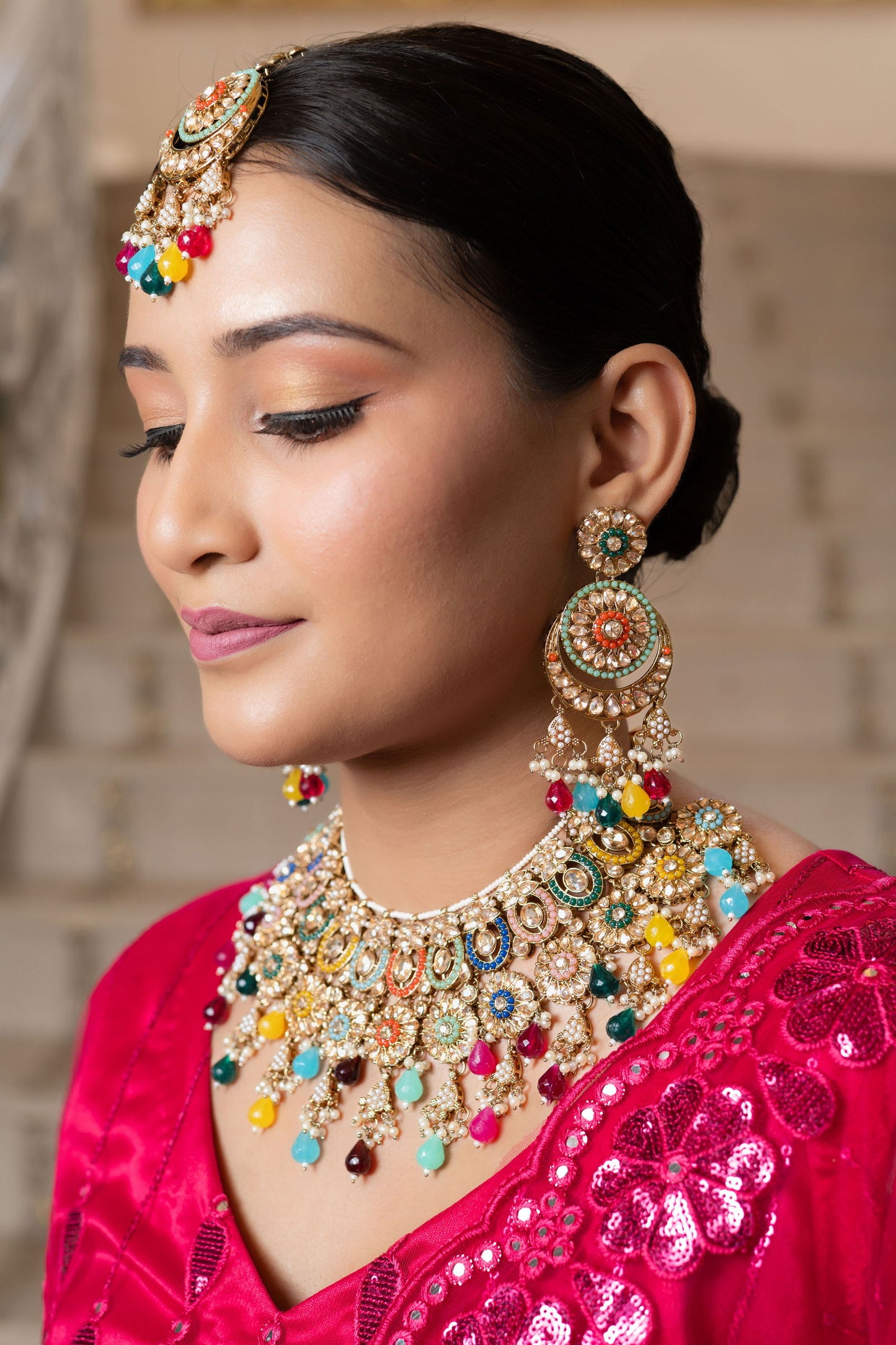 Multi Color Heavy Necklace Set With Color Full stones And Beads Along With Maang Tikka - Mayrake.in