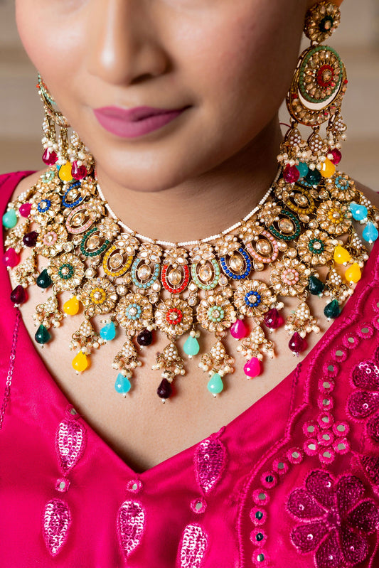Multi Color Heavy Necklace Set With Color Full stones And Beads Along With Maang Tikka - Mayrake.in