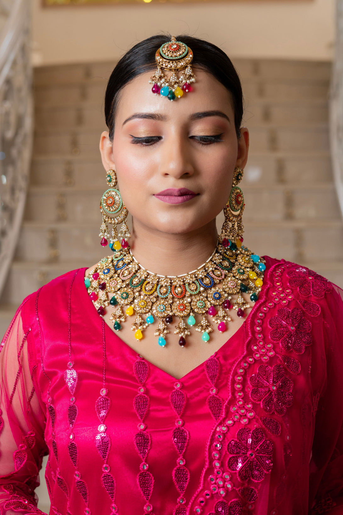 Multi Color Heavy Necklace Set With Color Full stones And Beads Along With Maang Tikka - Mayrake.in