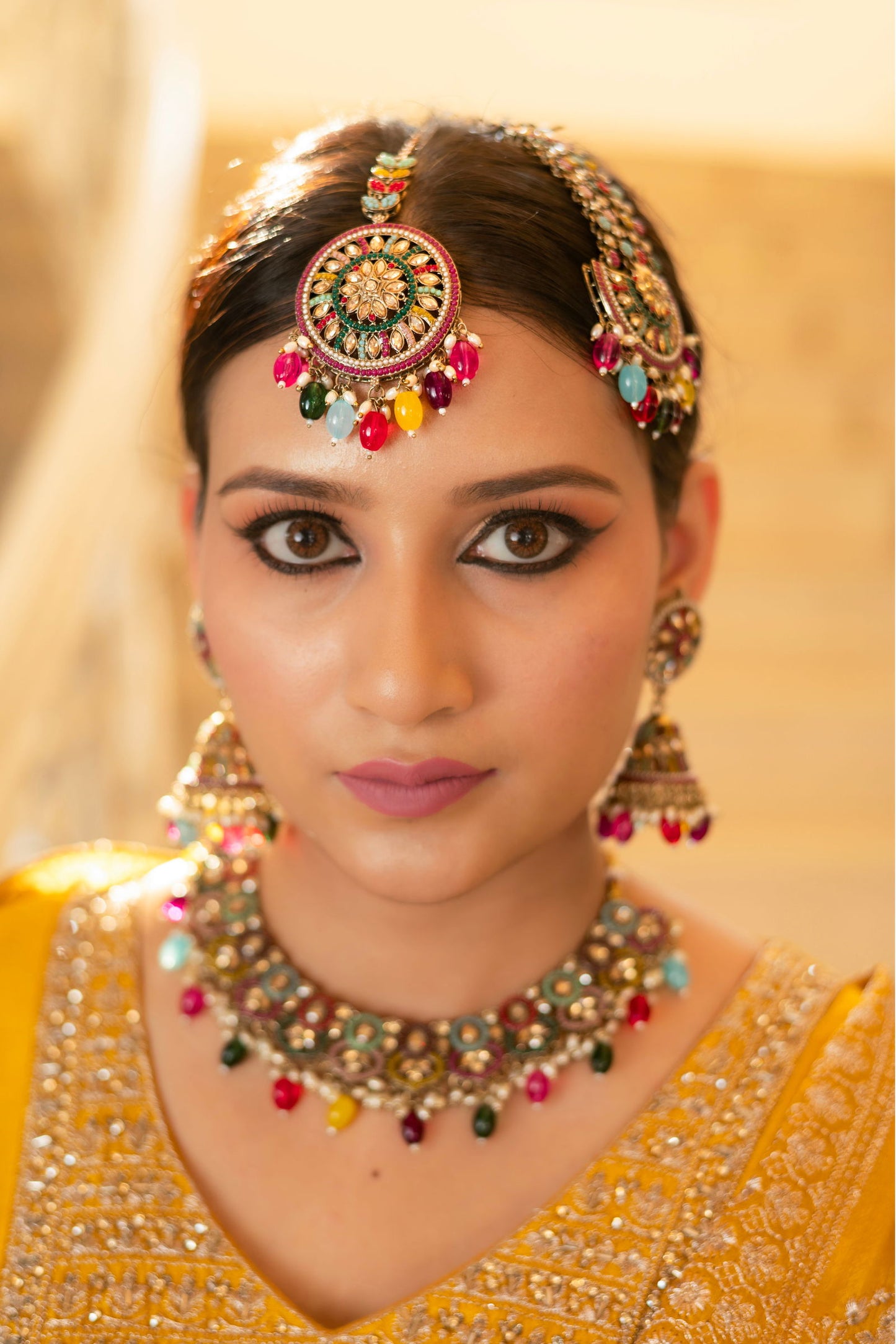 Multi Color Necklace Set With Maang Tikka And Passa - Mayrake.in