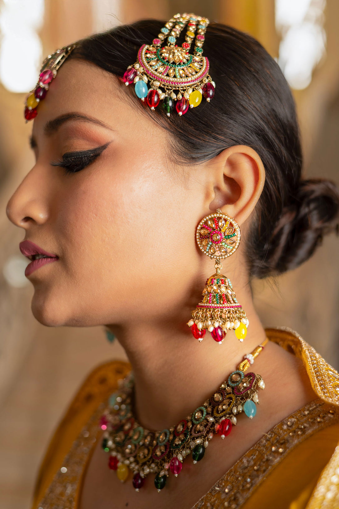 Multi Color Necklace Set With Maang Tikka And Passa - Mayrake.in