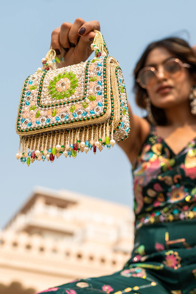 Multicolor Bag with Tassels and Beautiful Handle with Velvet Base - Mayrake.in