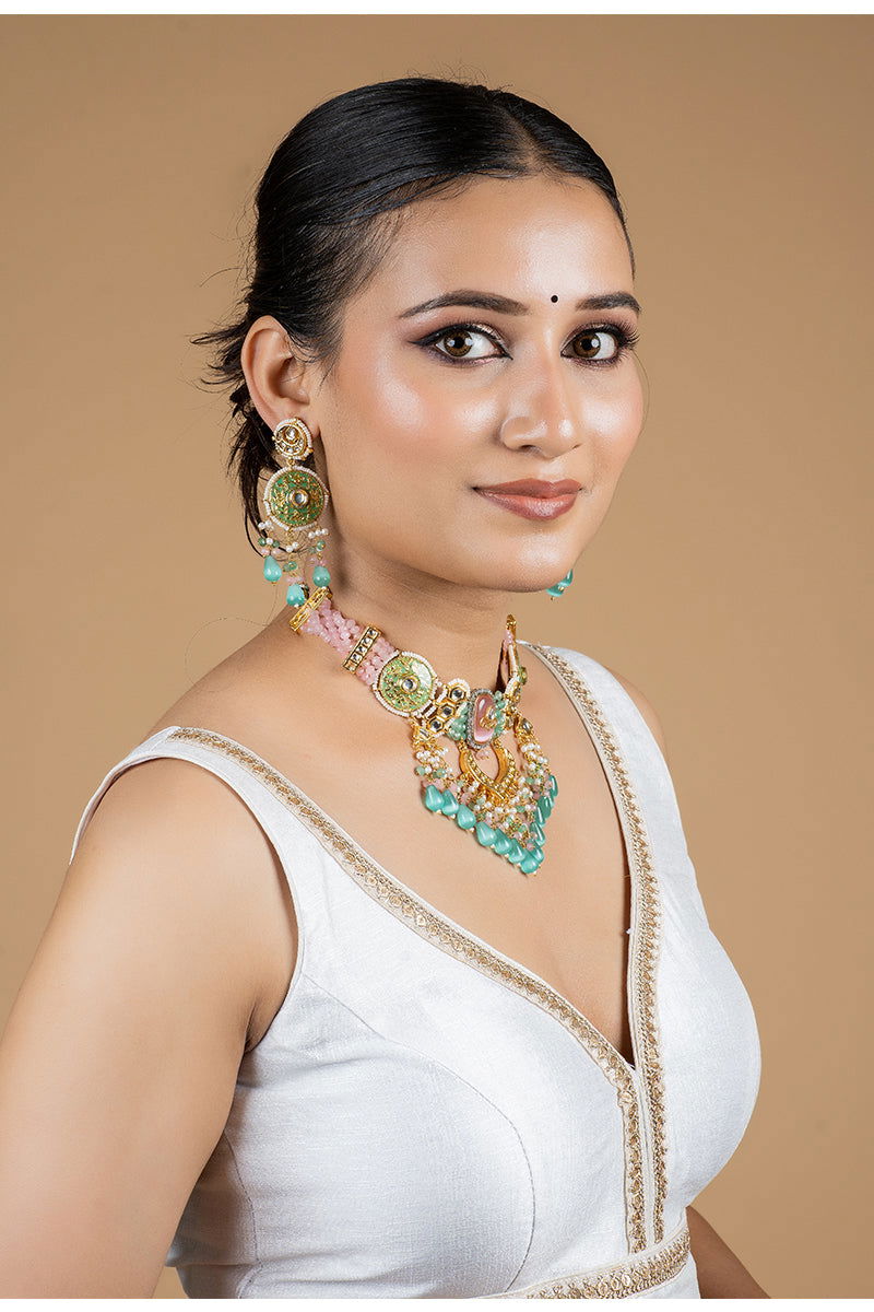 Multicolor Stone Mixed Metal Choker Set - Mayrake.in