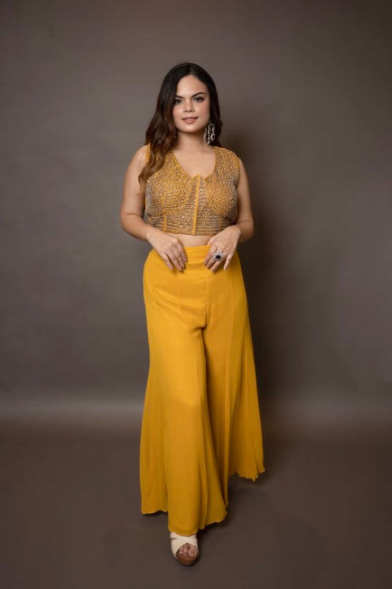 Mustard Yellow Georgette Crop Top with Pearl and Pipe Embroidery, Stylish Coat, and Palazzo Pants - Mayrake