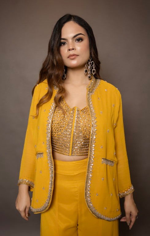 Mustard Yellow Georgette Crop Top with Pearl and Pipe Embroidery, Stylish Coat, and Palazzo Pants - Mayrake