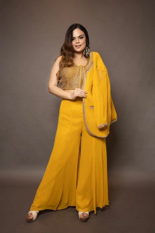 Mustard Yellow Georgette Crop Top with Pearl and Pipe Embroidery, Stylish Coat, and Palazzo Pants - Mayrake