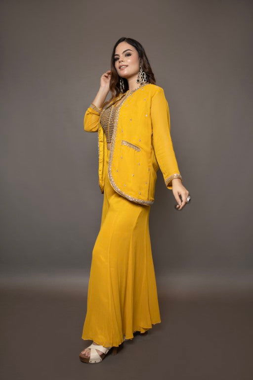 Mustard Yellow Georgette Crop Top with Pearl and Pipe Embroidery, Stylish Coat, and Palazzo Pants - Mayrake