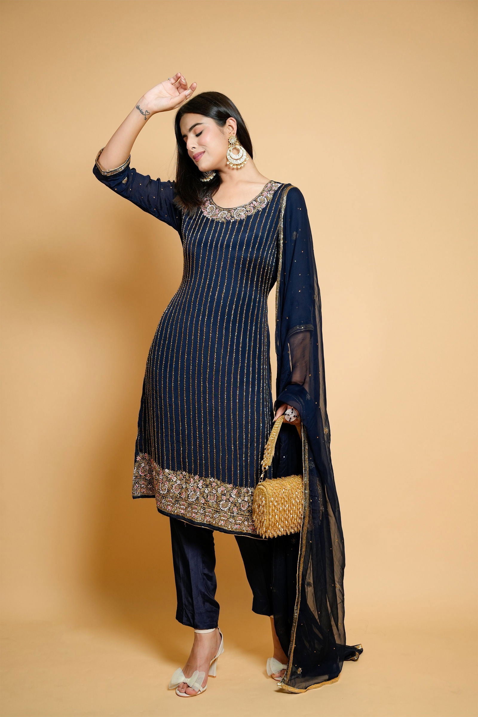 Navy Blue Organza Hand-Embroidered Suit - Mayrake.in