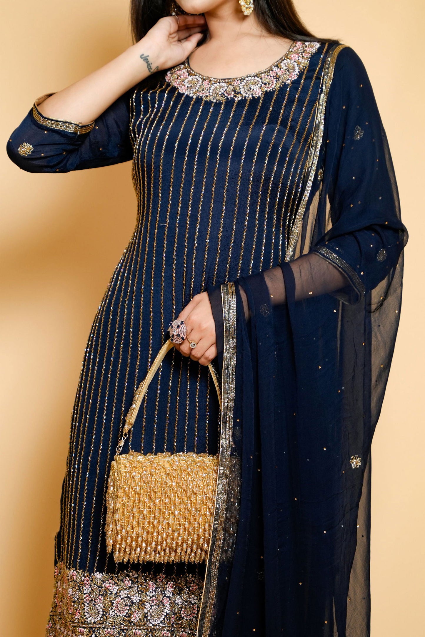 Navy Blue Organza Hand-Embroidered Suit - Mayrake.in
