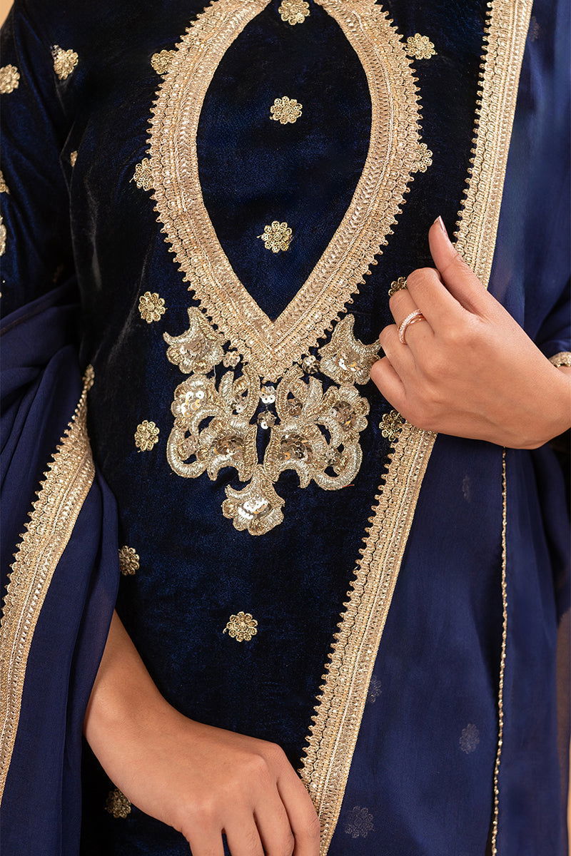 Navy Blue Velvet Embriodered Suit - Mayrake.in