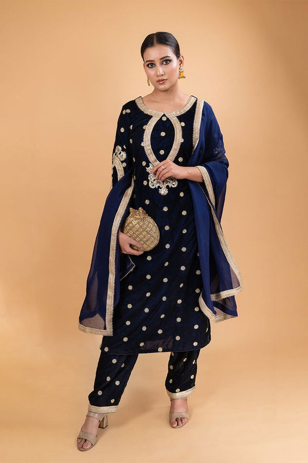 Navy Blue Velvet Suit with Embroidered Neck Kurta, Lace Bottom Pants, and Matching Dupatta - Mayrake - 
