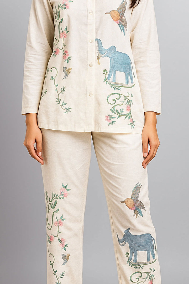 Off White Cord Set with Embroidery and Animal Motifs - Mayrake.in
