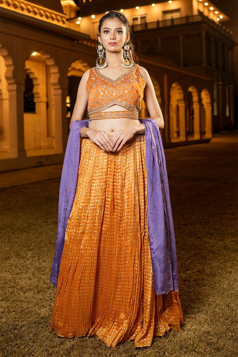 Orange Buti Skirt with Zardosi Crop Top and Matching Embroidered Contrast Dupatta - Mayrake.in