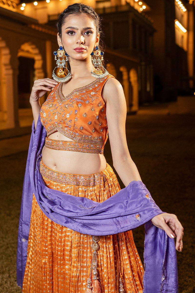 Orange Buti Skirt with Zardosi Crop Top and Matching Embroidered Contrast Dupatta - Mayrake.in