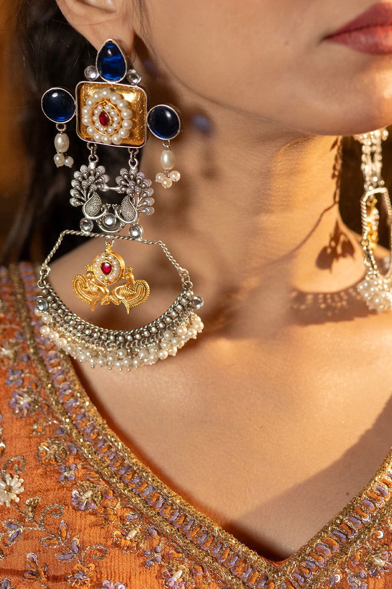 Orange Buti Skirt with Zardosi Crop Top and Matching Embroidered Contrast Dupatta - Mayrake.in