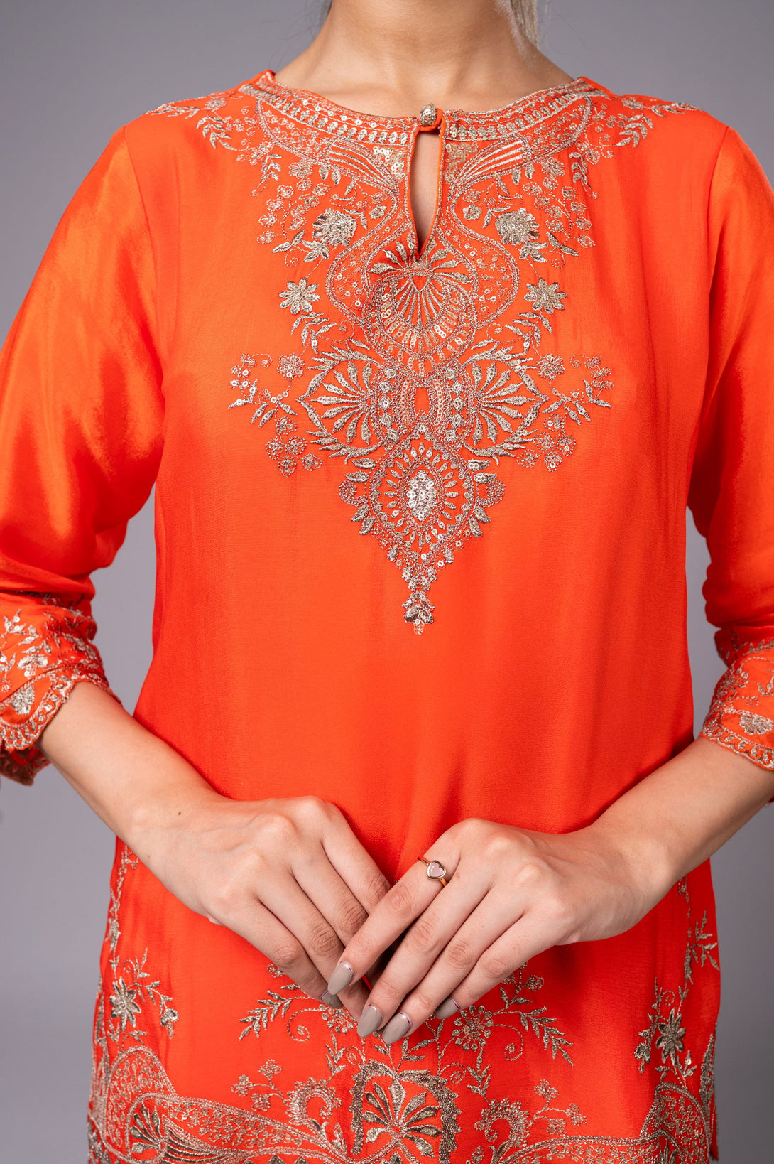 Orange Crepe Kurta Sharara Set with Golden Zari Embroidery - Mayrake.in