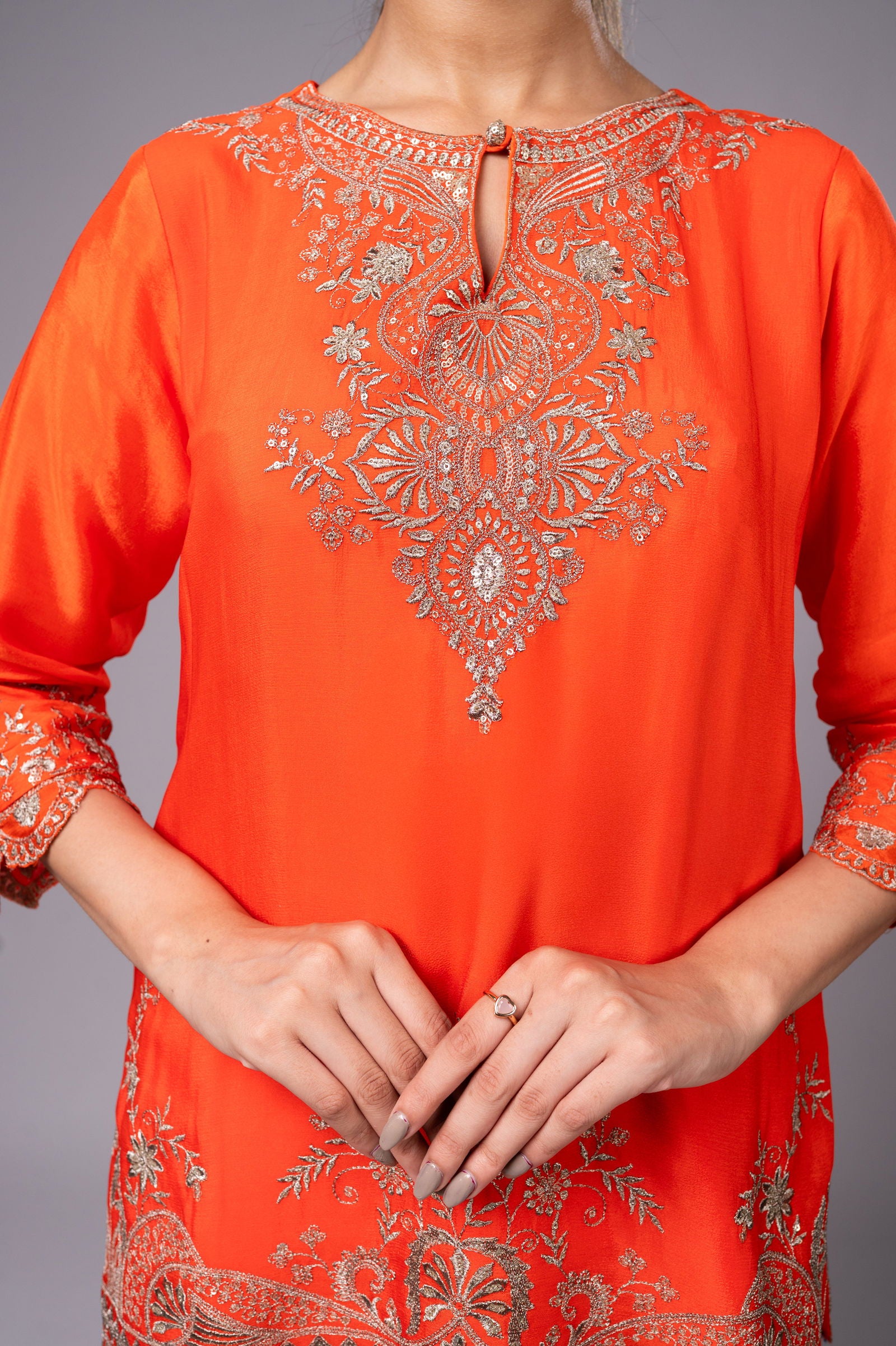 Orange Crepe Kurta Sharara Set with Golden Zari Embroidery - Mayrake.in