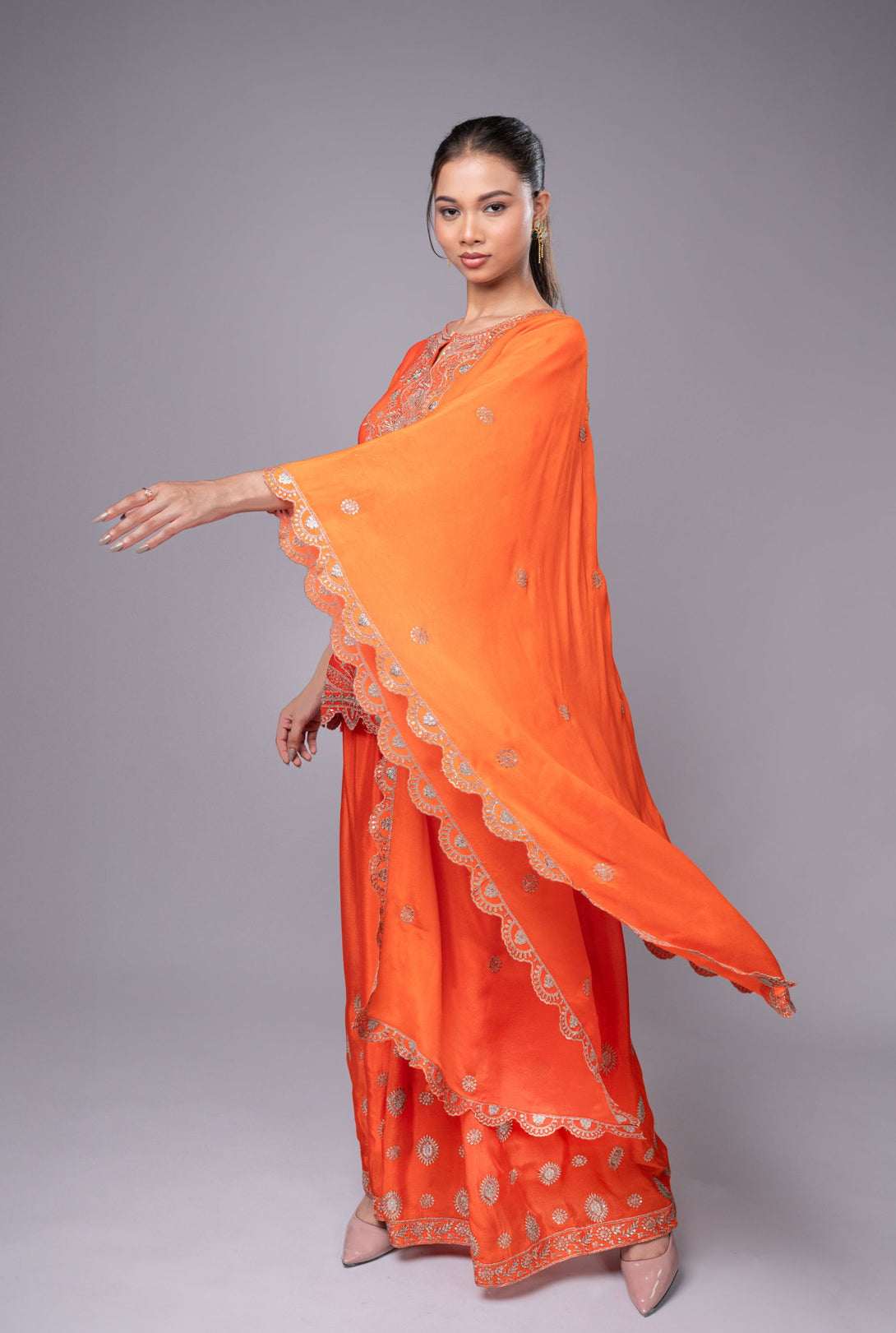 Orange Crepe Kurta Sharara Set with Golden Zari Embroidery - Mayrake.in