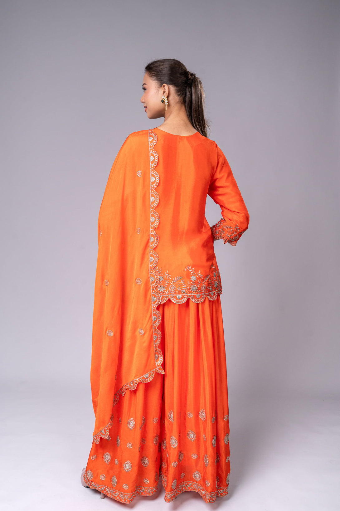 Orange Crepe Kurta Sharara Set with Golden Zari Embroidery - Mayrake.in