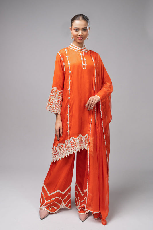 Orange Palazzo Crepe Kurta Set with Silver Embroidery - Mayrake.in