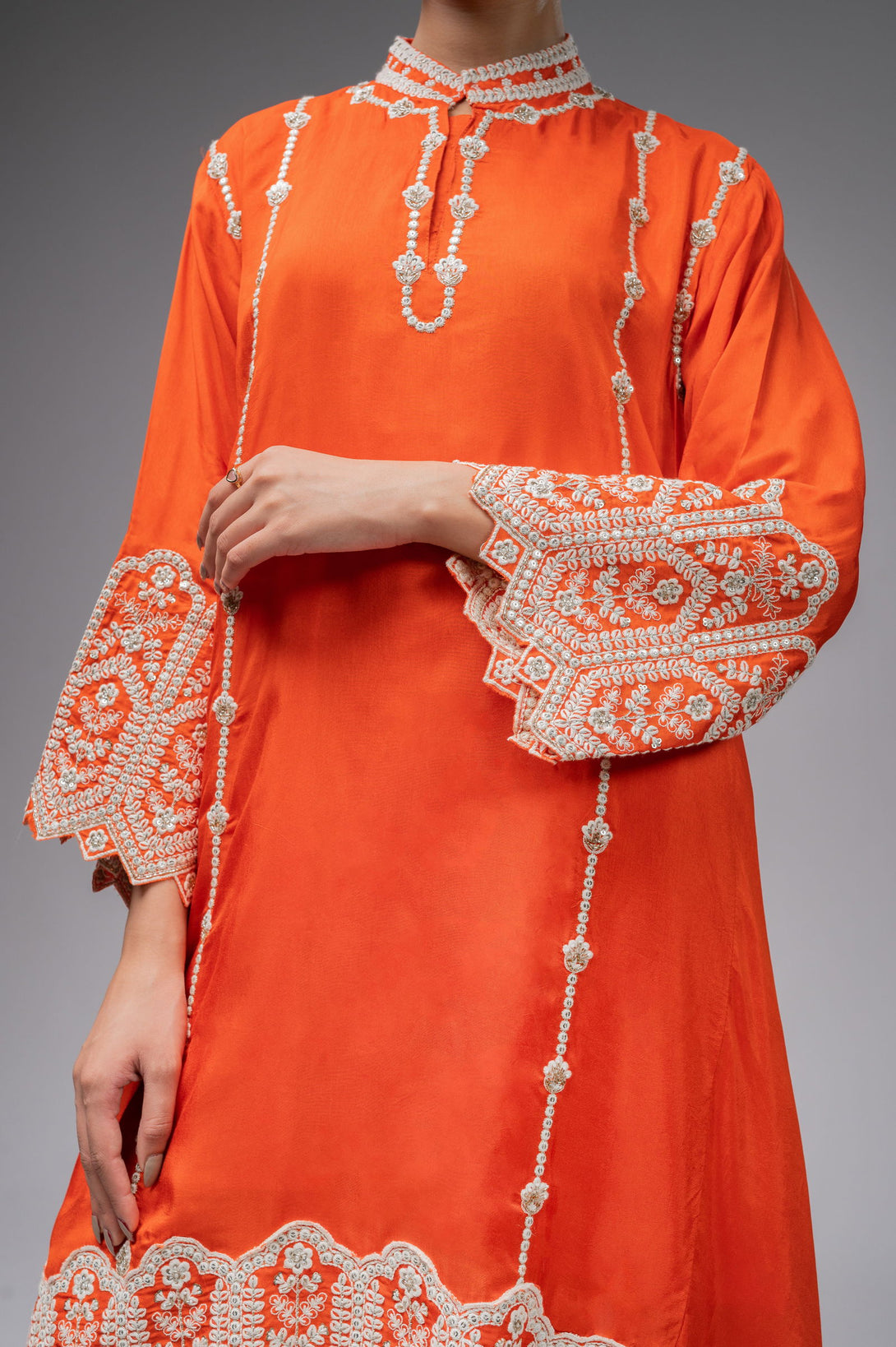 Orange Palazzo Crepe Kurta Set with Silver Embroidery - Mayrake.in