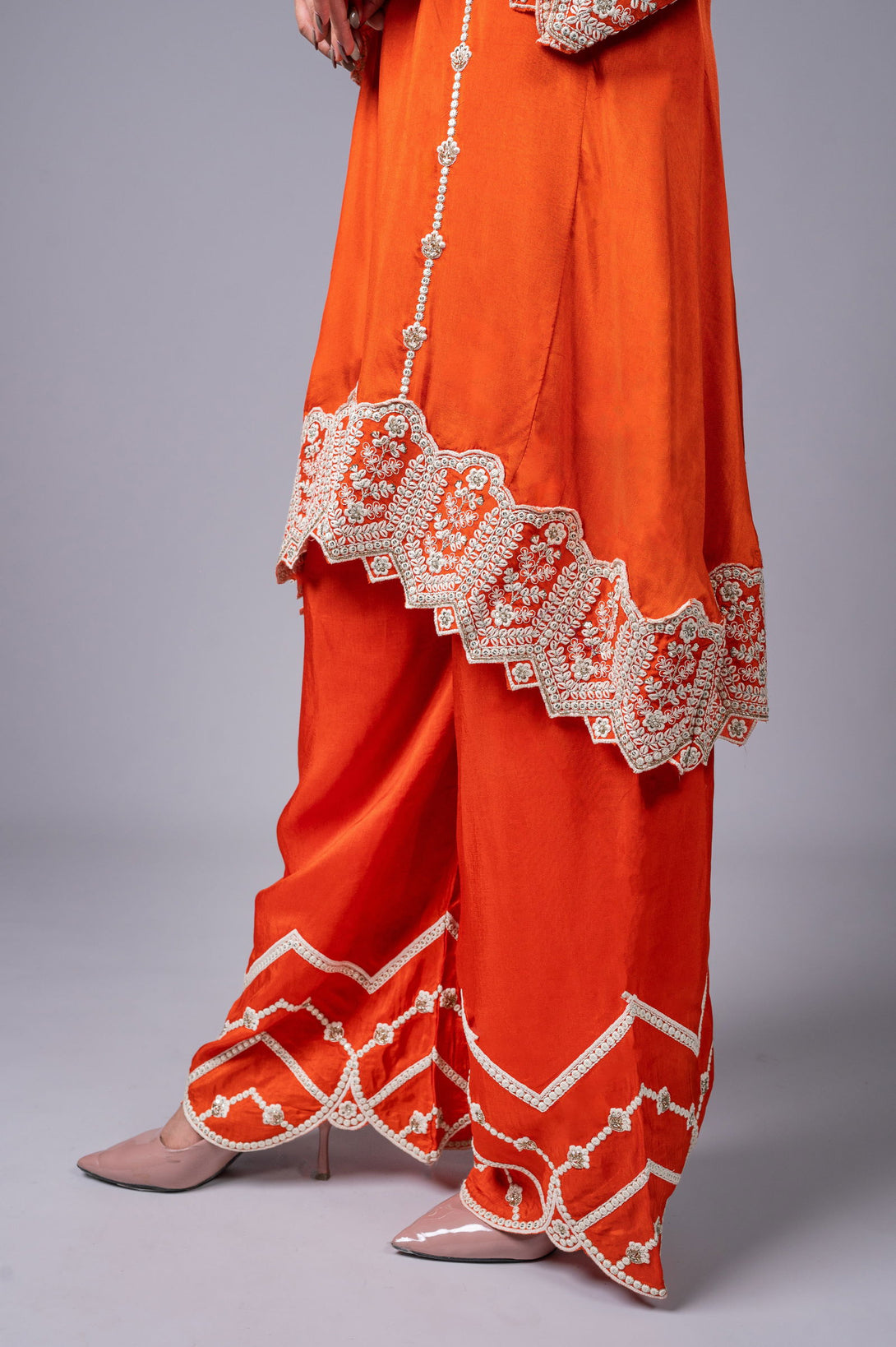 Orange Palazzo Crepe Kurta Set with Silver Embroidery - Mayrake.in