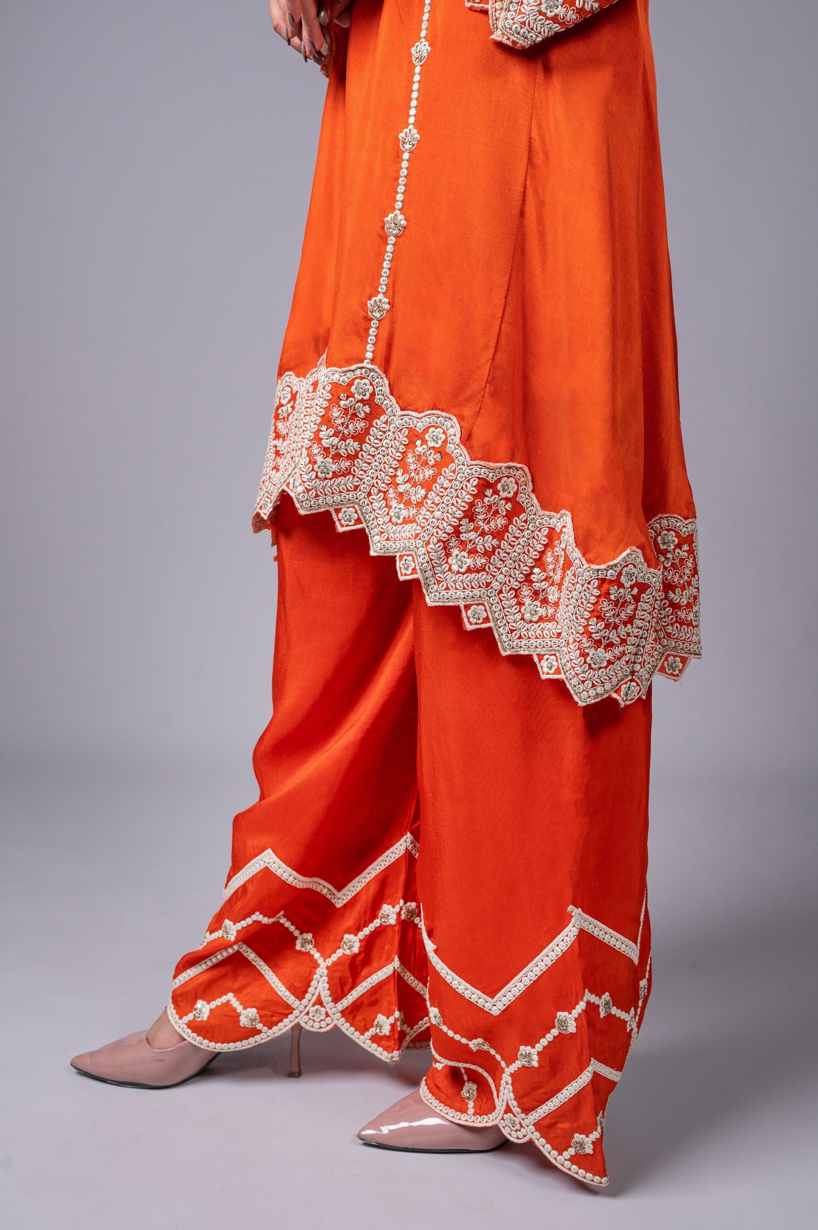 Orange Palazzo Crepe Kurta Set with Silver Embroidery - Mayrake.in