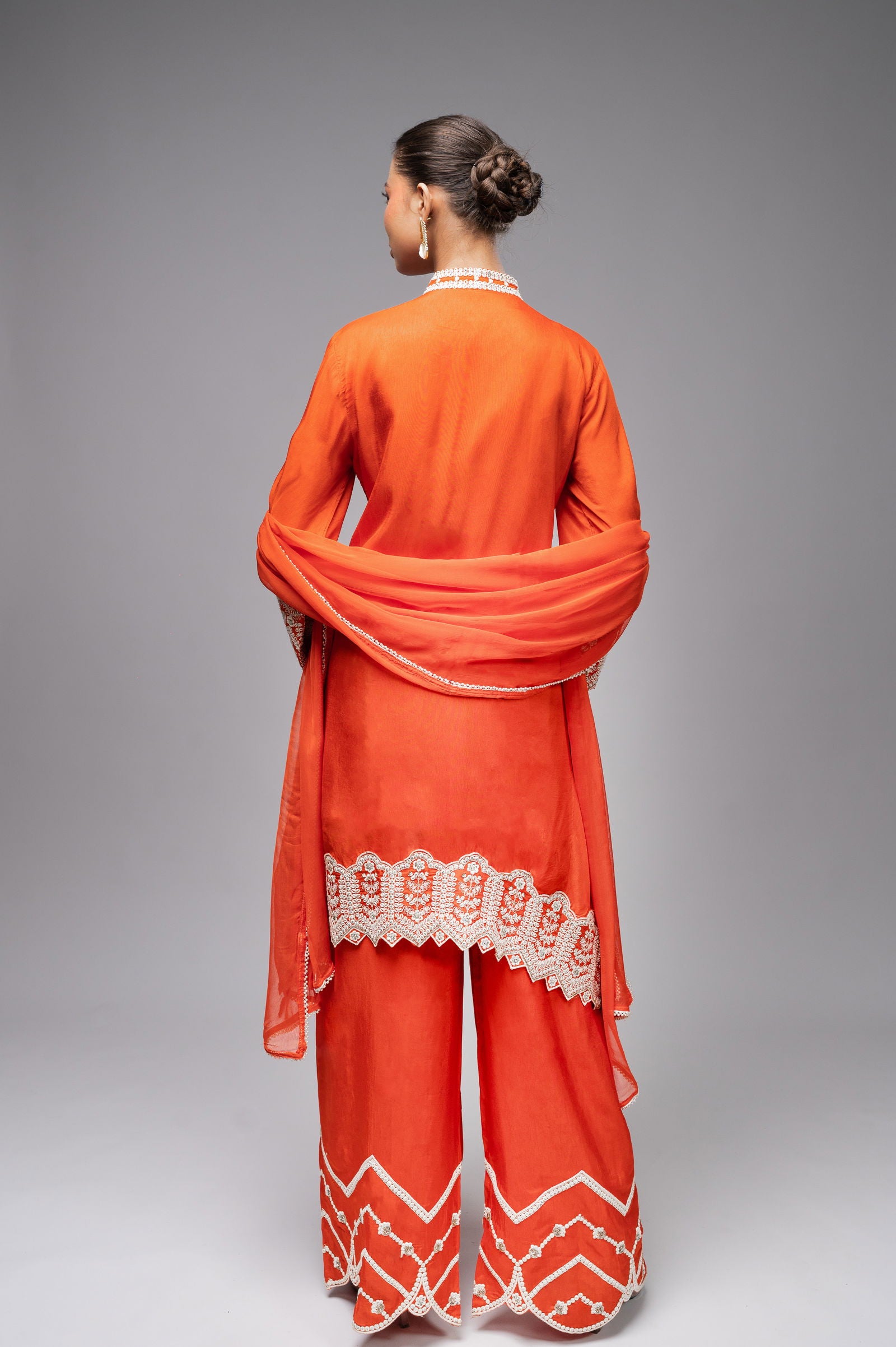 Orange Palazzo Crepe Kurta Set with Silver Embroidery - Mayrake.in