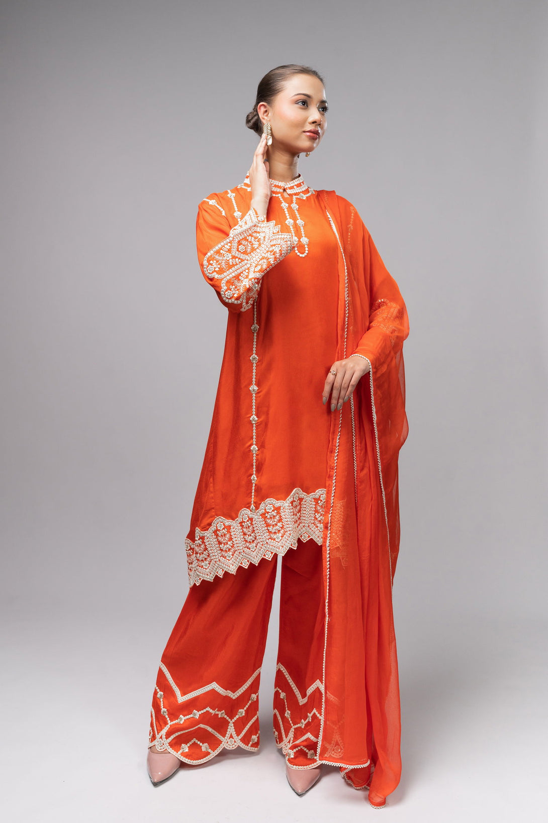 Orange Palazzo Crepe Kurta Set with Silver Embroidery - Mayrake.in