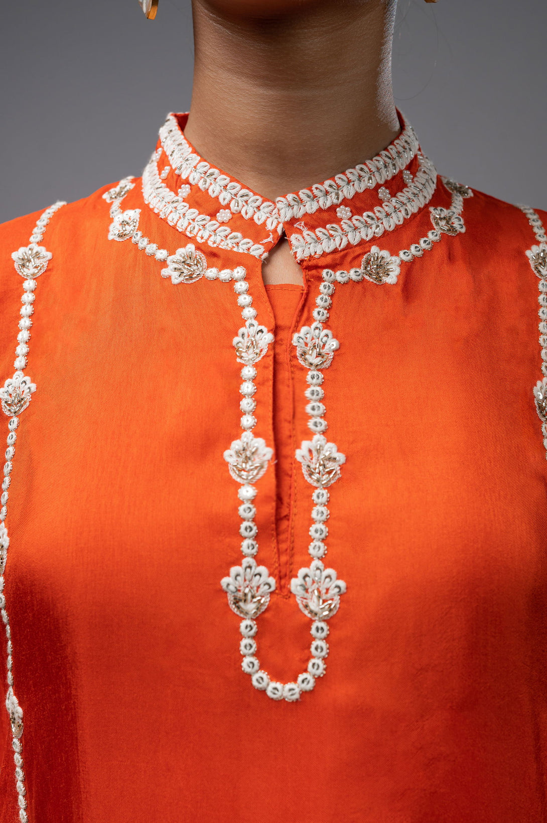 Orange Palazzo Crepe Kurta Set with Silver Embroidery - Mayrake.in